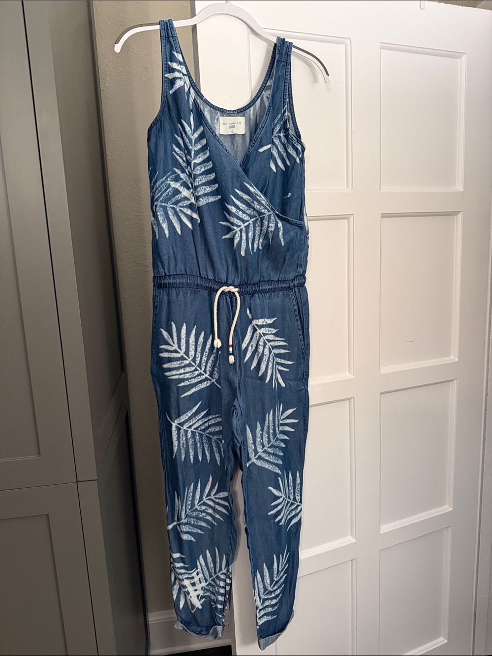 Sol Angeles Blue Leaf-Print Sleeveless Jumpsuit
